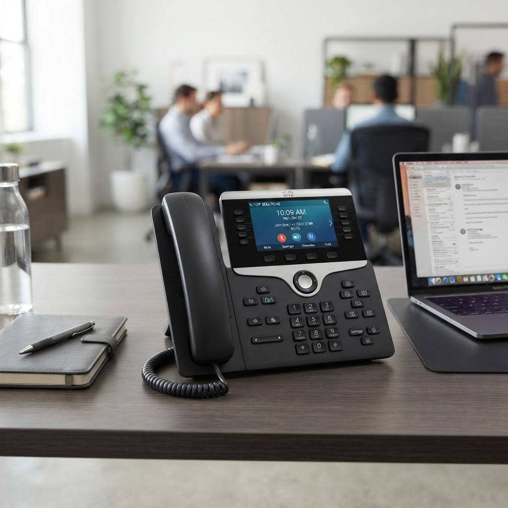 Modern business VoIP desk phone on an office desk