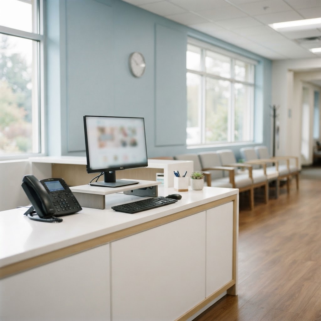 Clean medical office front desk with a multi-line phone and an empty waiting area