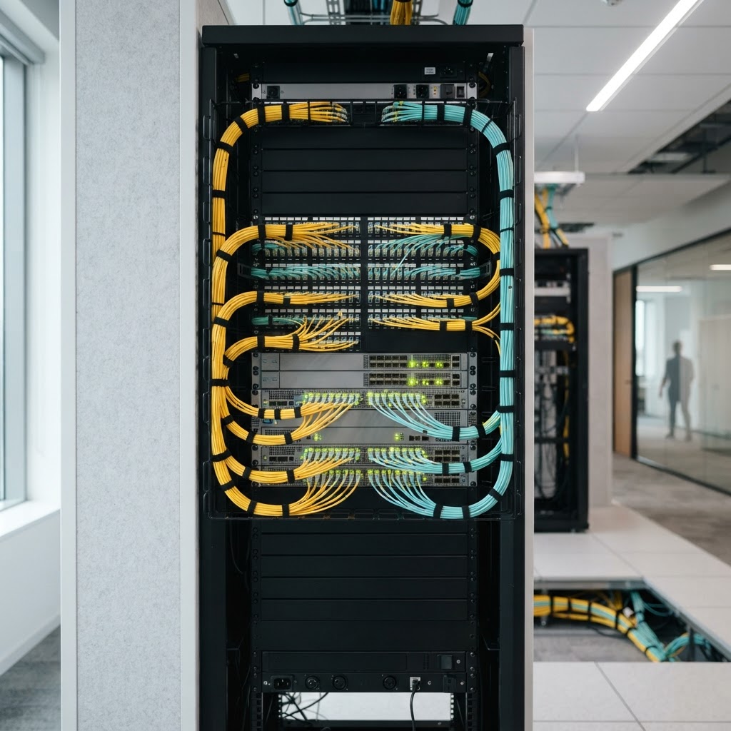 Neatly organized fiber optic cabling connected to networking hardware inside a professional wall-mounted data rack environment.