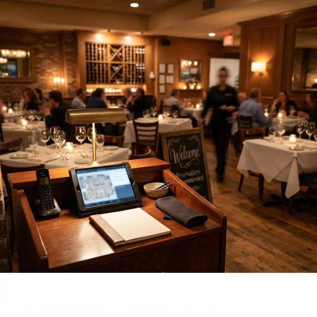 Cordless phone and reservation tablet on a restaurant host stand