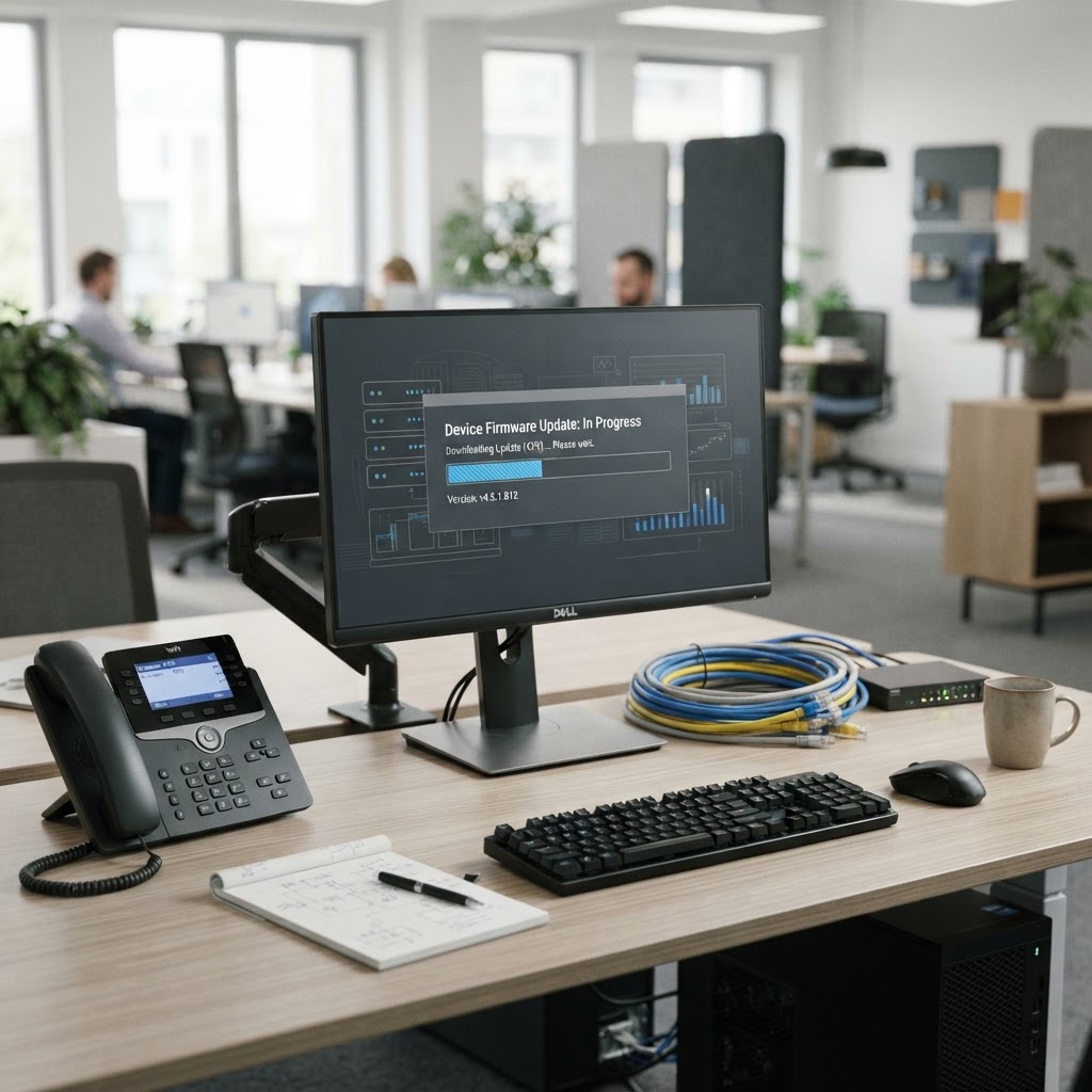 A computer screen displays a firmware update process being applied to office communication hardware during maintenance.