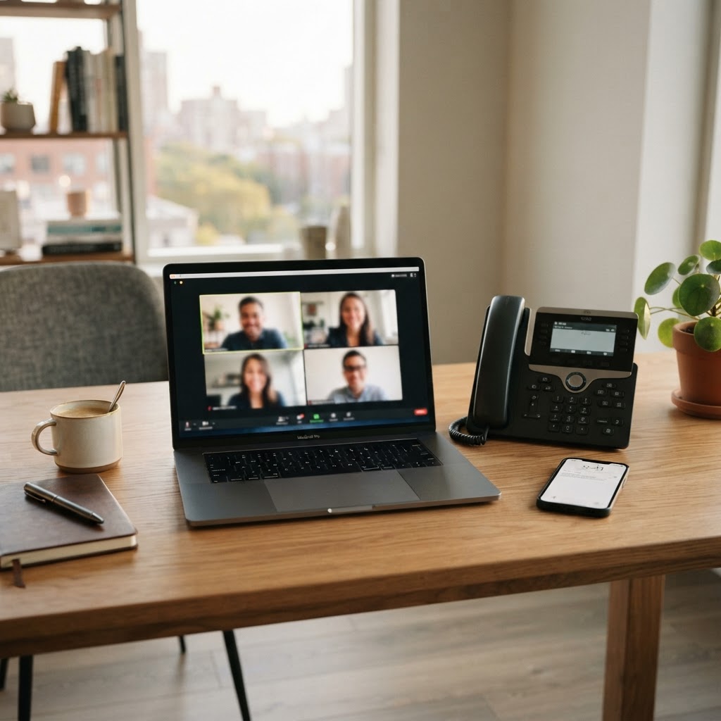 Laptop, smartphone, and desk phone on a clean desk illustrating integrated communication tools for modern businesses.