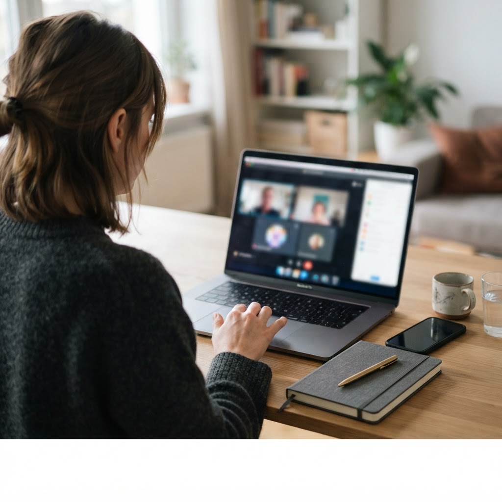 Person working at a laptop with a call interface open on screen
