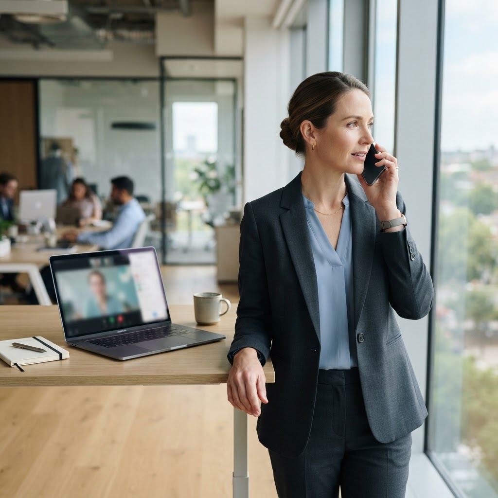 Business owner taking a call on a smartphone beside a laptop running a softphone app