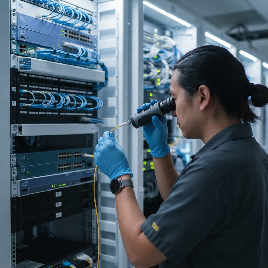 Technician using an inspection microscope to verify the cleanliness of a fiber optic connector in a rack.