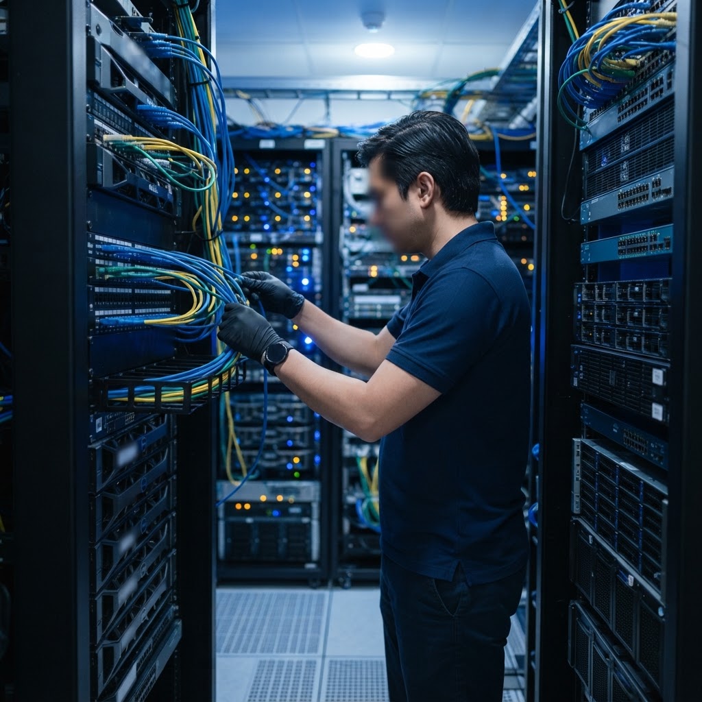Professional technician organizing cabling in a network rack to ensure business internet connectivity and network readiness.