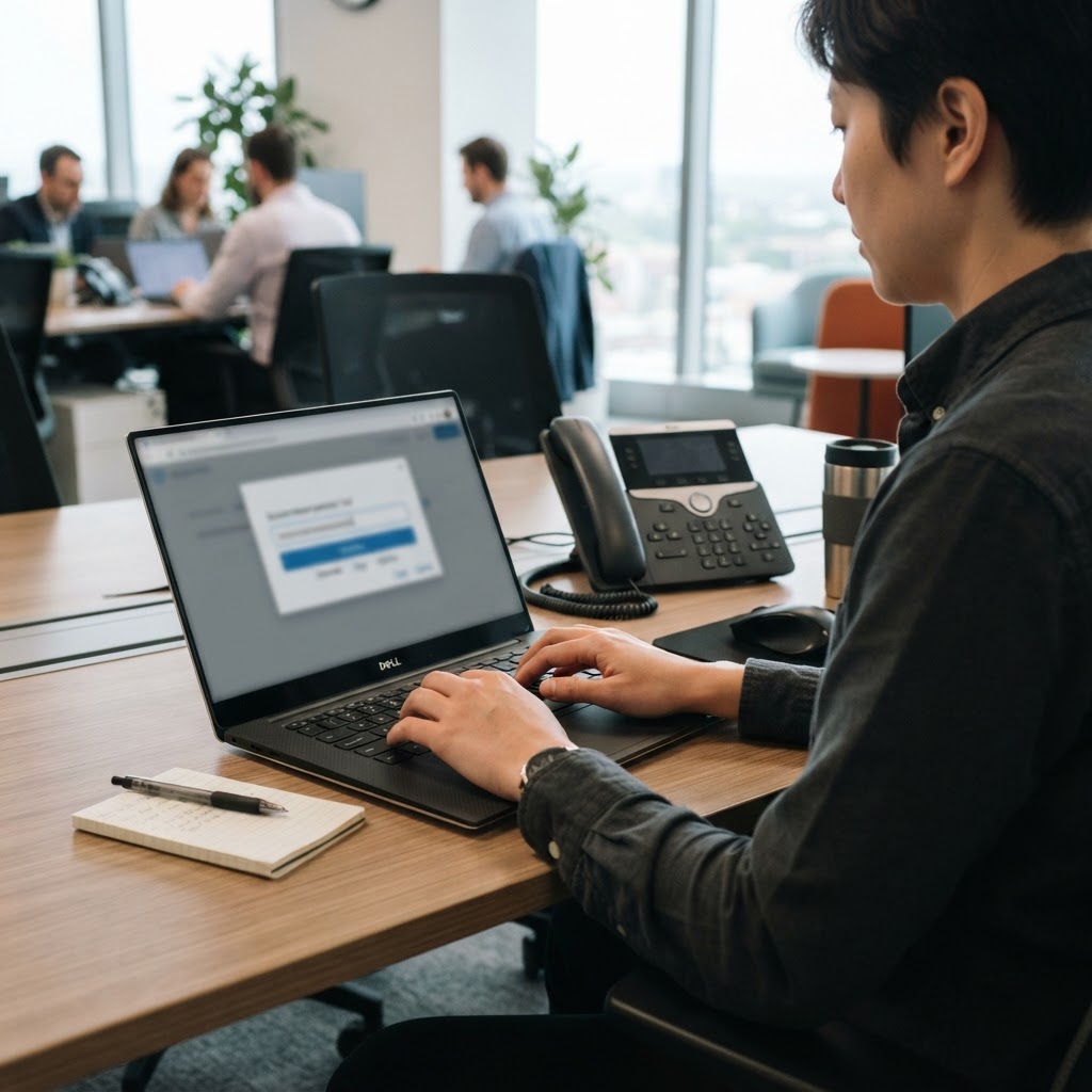 IT technician working on a laptop at a desk to update security settings for office hardware.