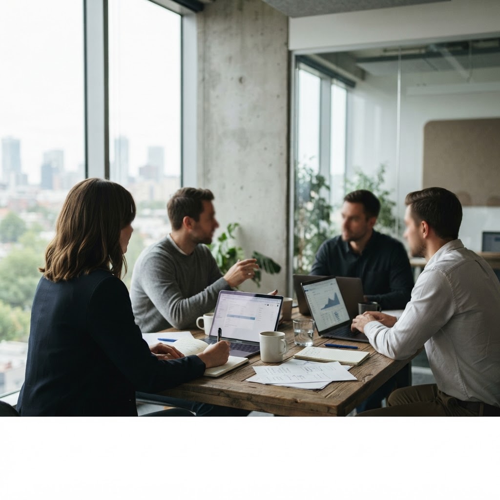 Small business team meeting around a table with laptops in a bright room