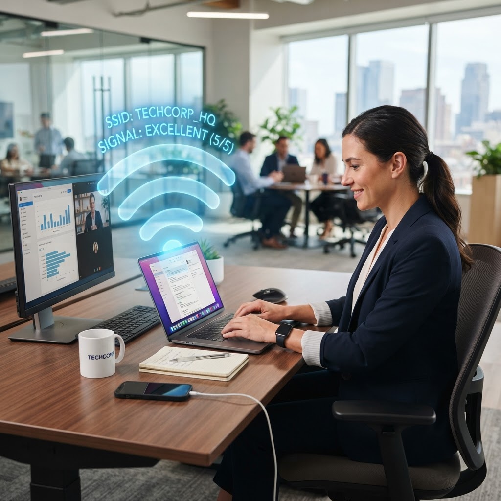 Employee working on laptop with reliable Wi-Fi in a modern office