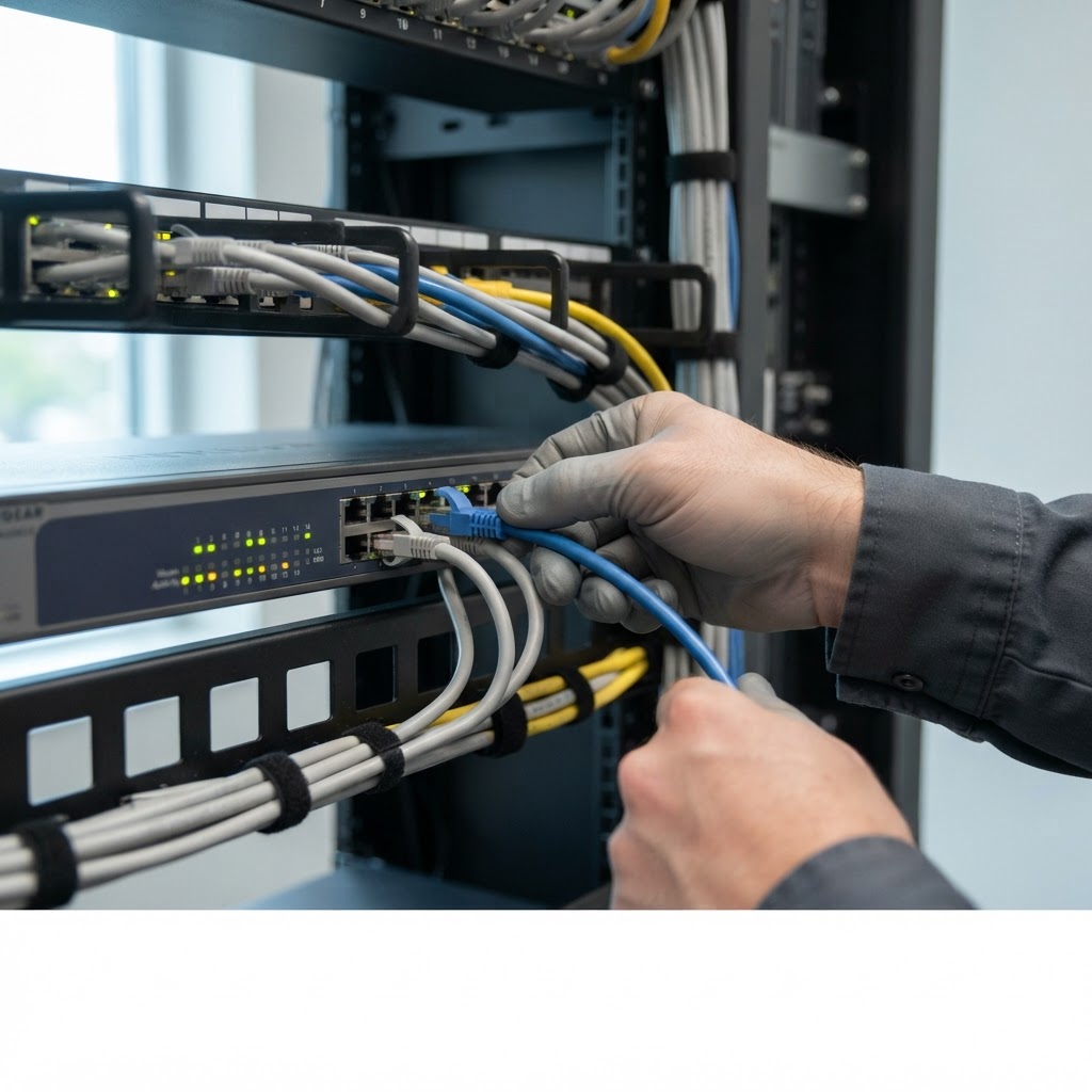 Hands plugging an ethernet cable into a small office network switch