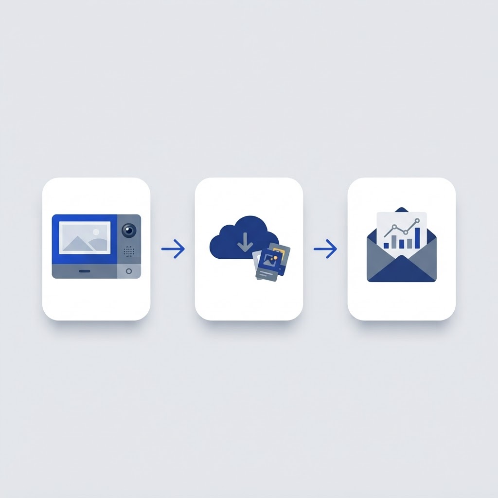 Illustration of three steps: a wall-mounted DoorBird intercom, the event history in the cloud, and an emailed activity report