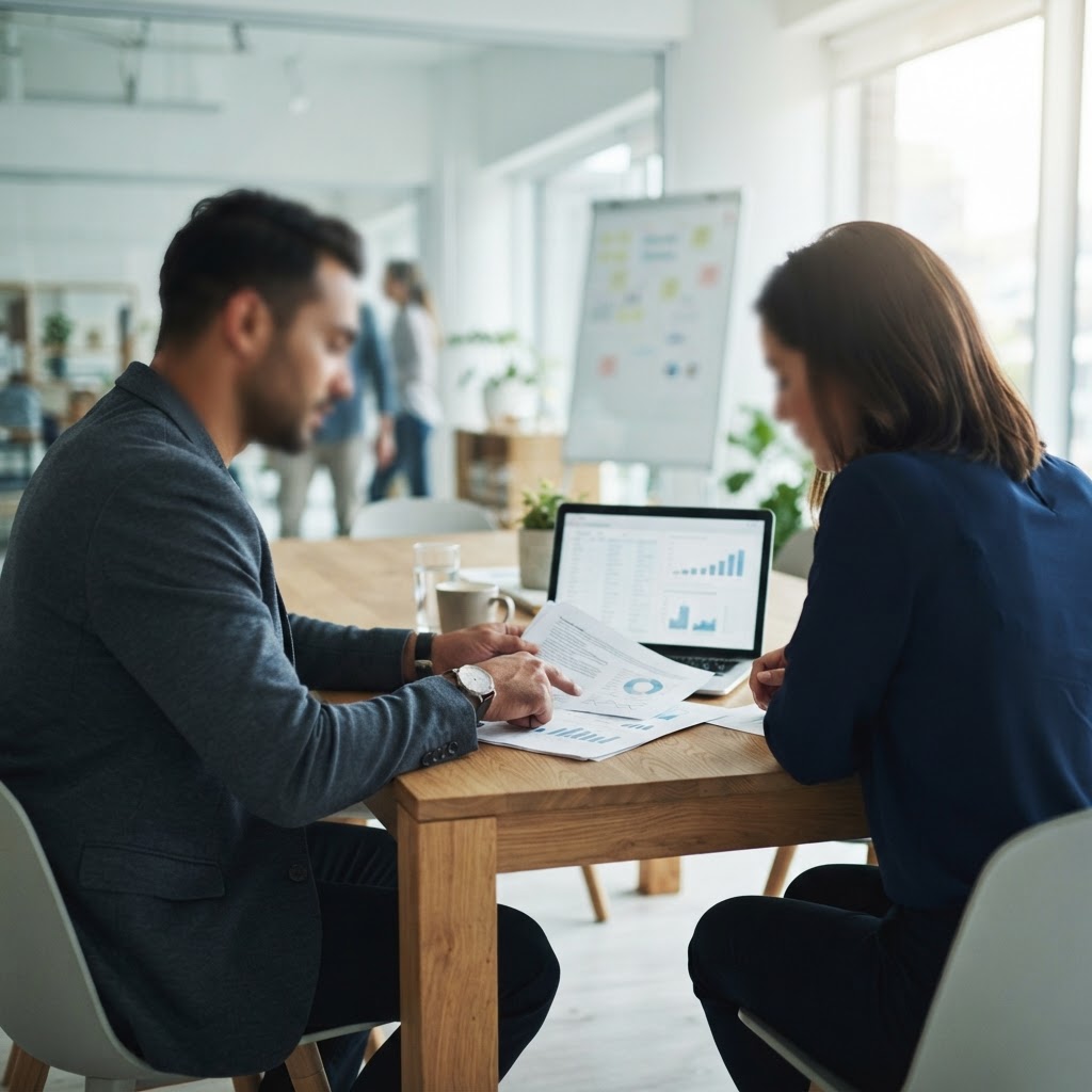 Two business people reviewing a printed phone bill and line inventory together