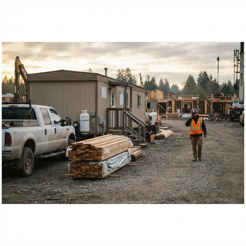 Construction site office trailer with a pickup truck parked beside it in early morning light