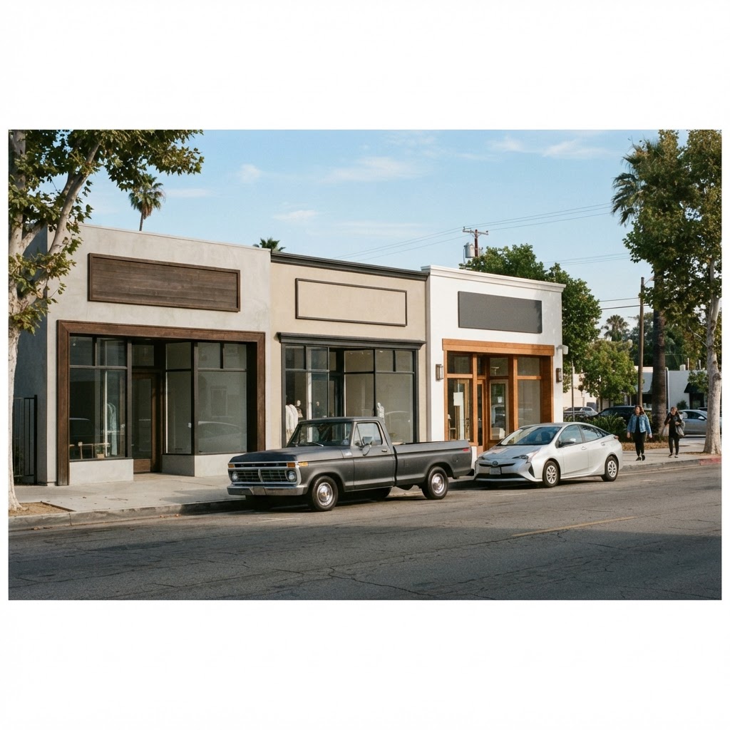 Three commercial storefronts side by side on a California main street