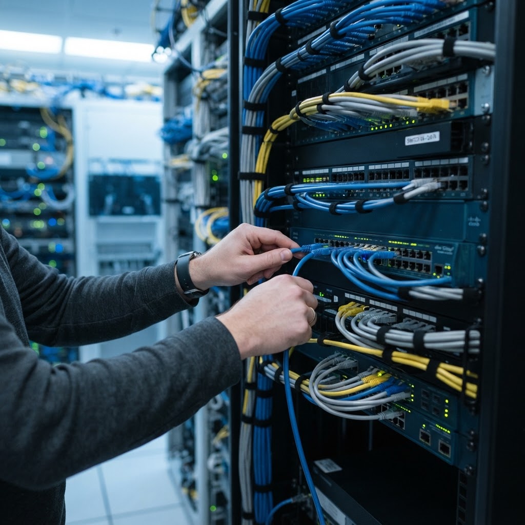 Technician hands connect an Ethernet cable to a professional rack-mounted managed network switch in a cabinet.