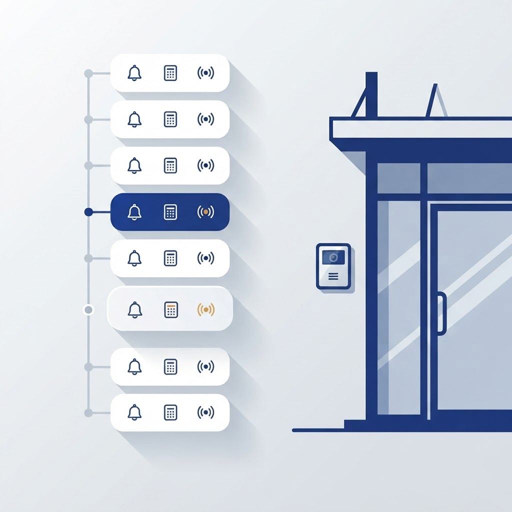 Illustration of a DoorBird intercom event timeline showing doorbell, keypad and motion events beside a building entrance