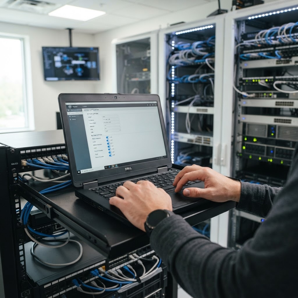 A technician configures security camera network settings on a laptop to ensure proper communication between devices.