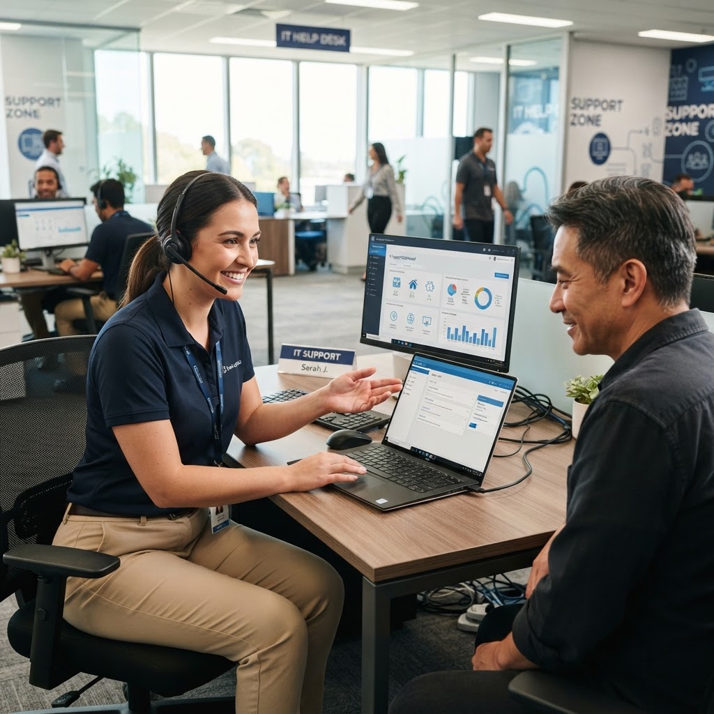 IT support technician helping a customer at a desk