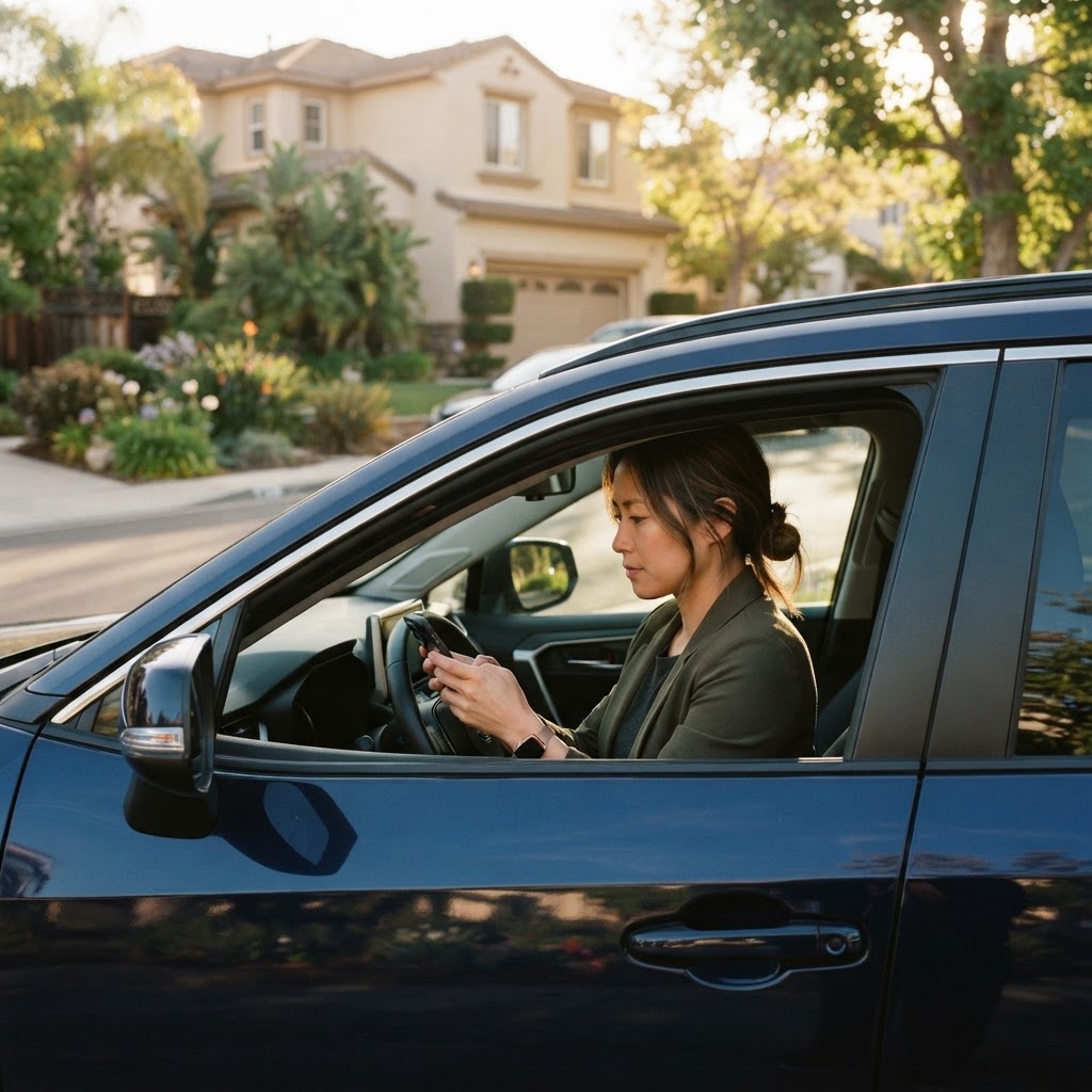 Real estate professional taking a call on a smartphone outside a residential property