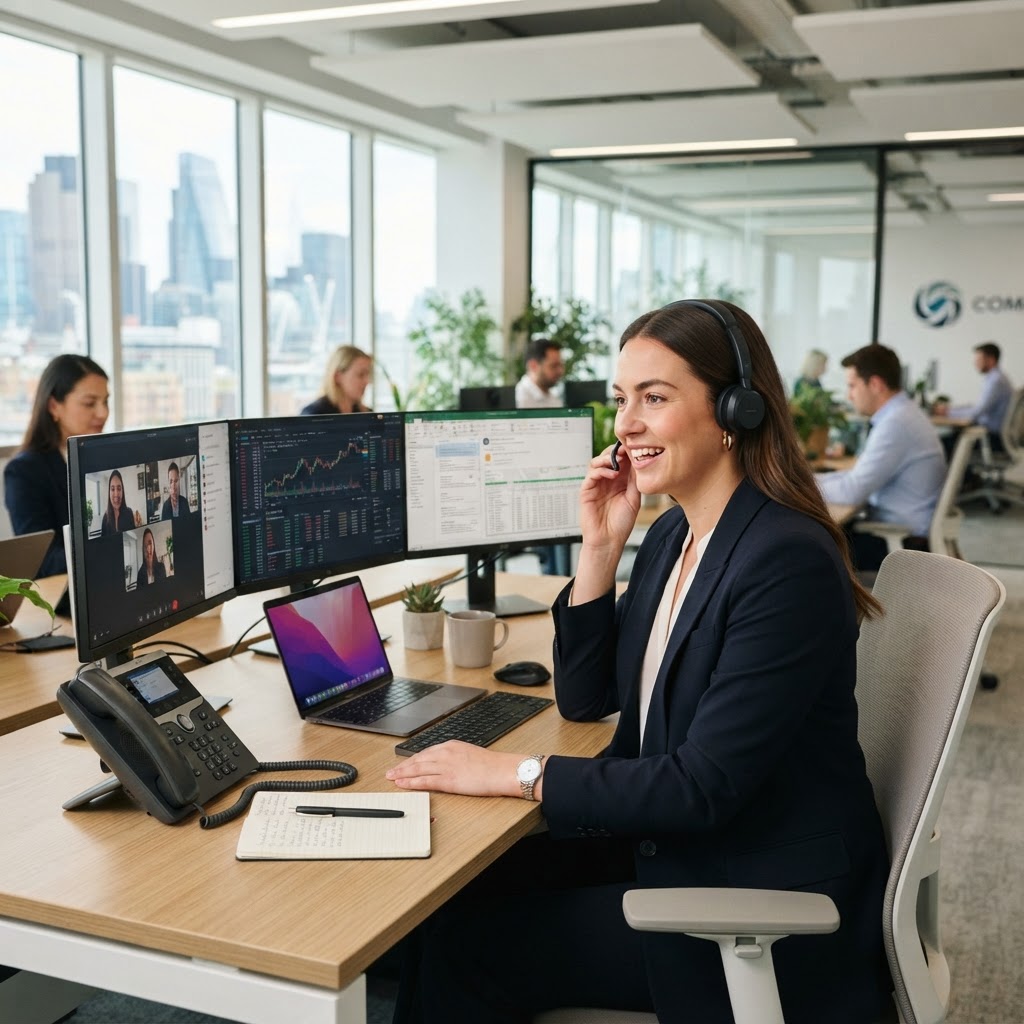 Professional making a business phone call with a headset