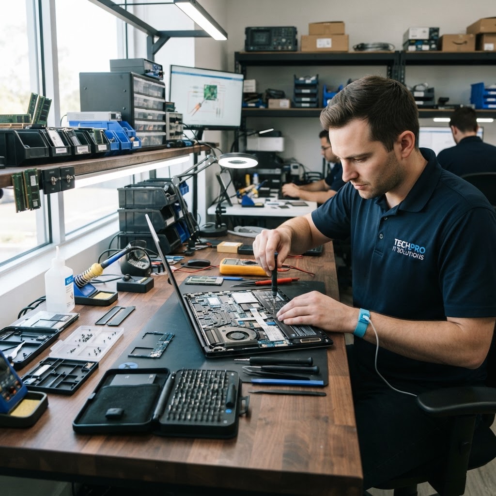 Computer repair workspace with tools and tech equipment