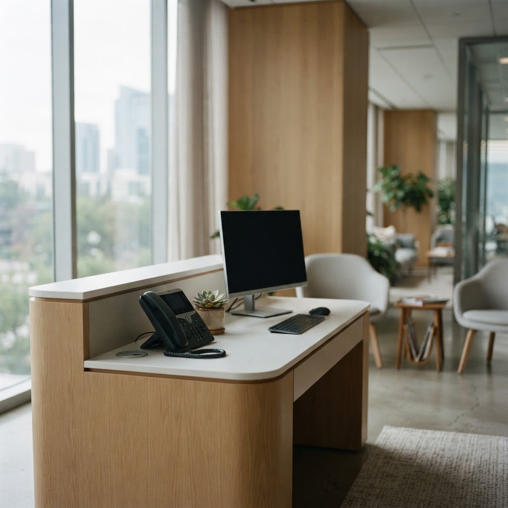 Empty modern office reception desk with a desk phone and a plant