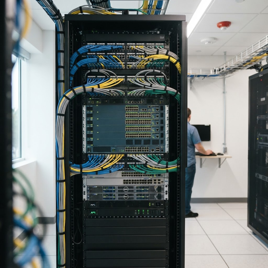 A rack-mounted enterprise router connects multiple network cables in an organized server room environment.
