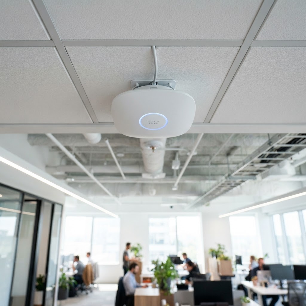 Wi-Fi access point installed on an office ceiling
