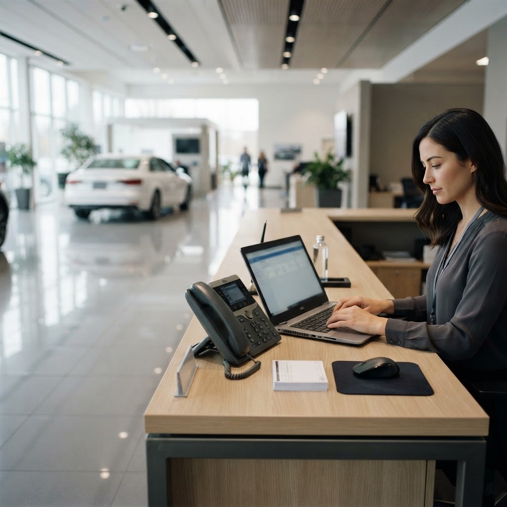 Service desk with a phone and laptop in an auto dealership showroom