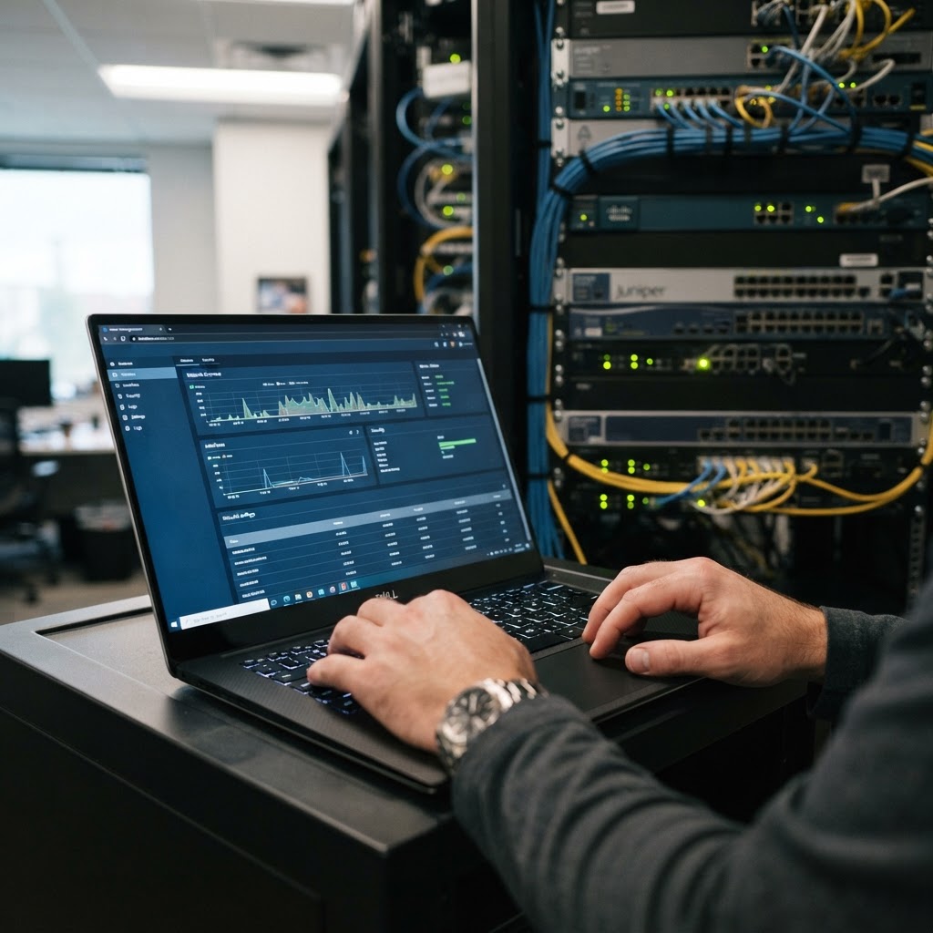A technician views a router dashboard on a laptop screen while managing network hardware equipment configurations.