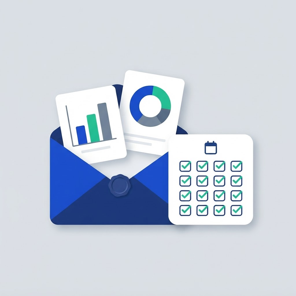 Illustration of an email with activity charts and a calendar of scheduled reports