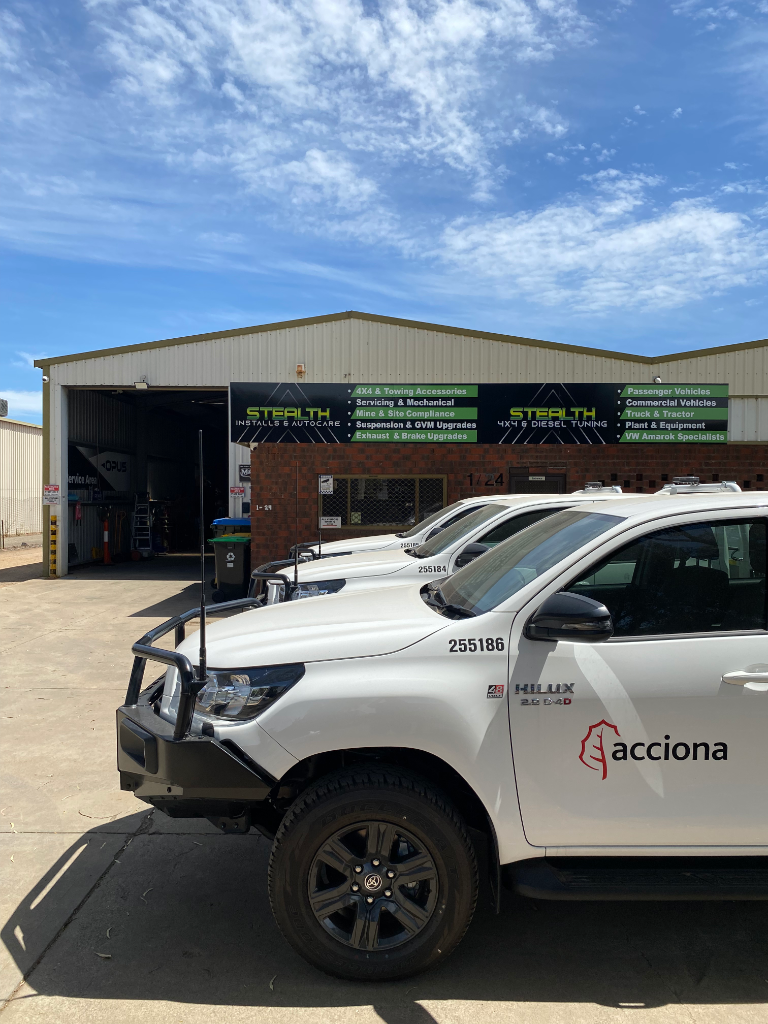 Stealth Installs workshop with mine site compliance fleet vehicles