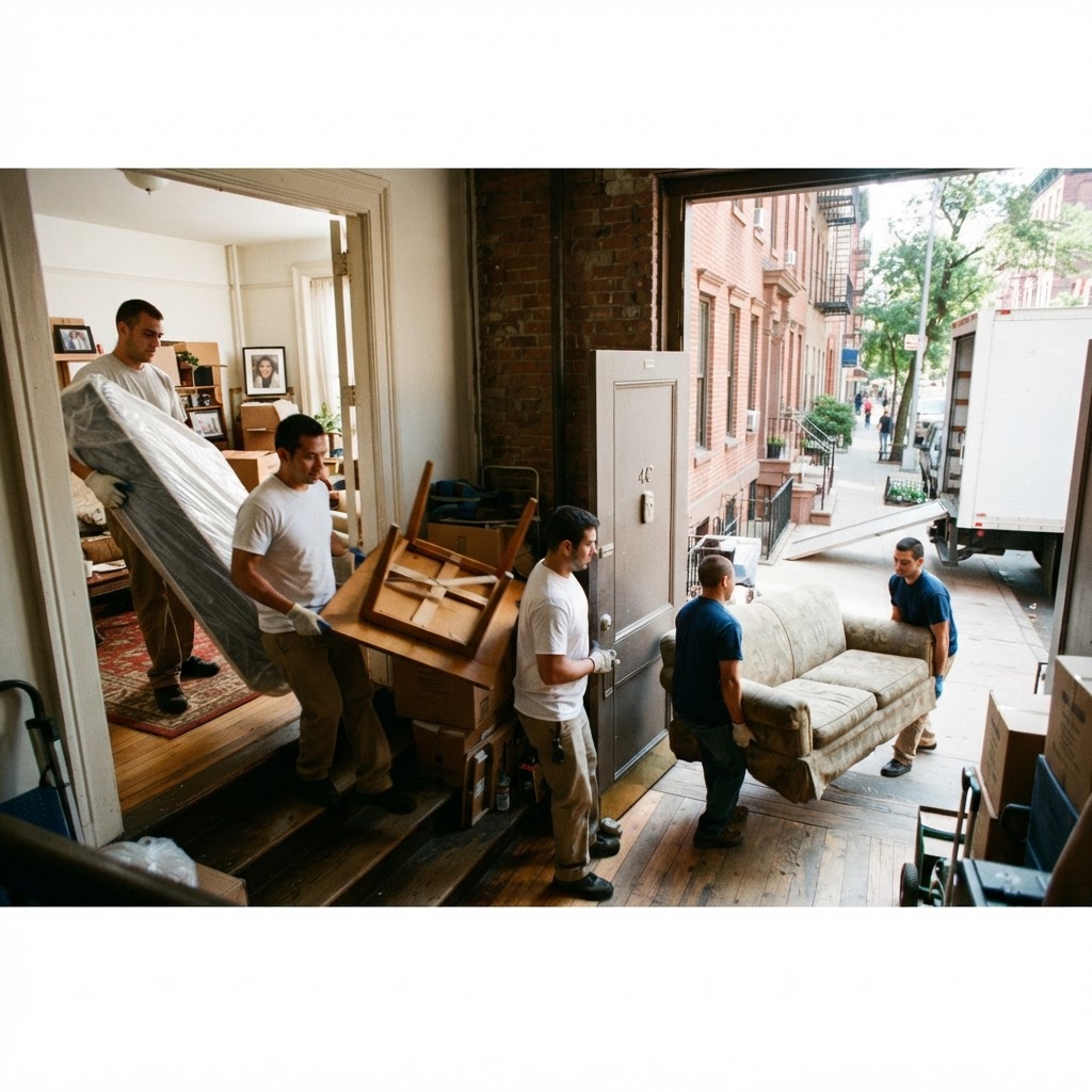 Residential movers carrying furniture down NYC brownstone stoop