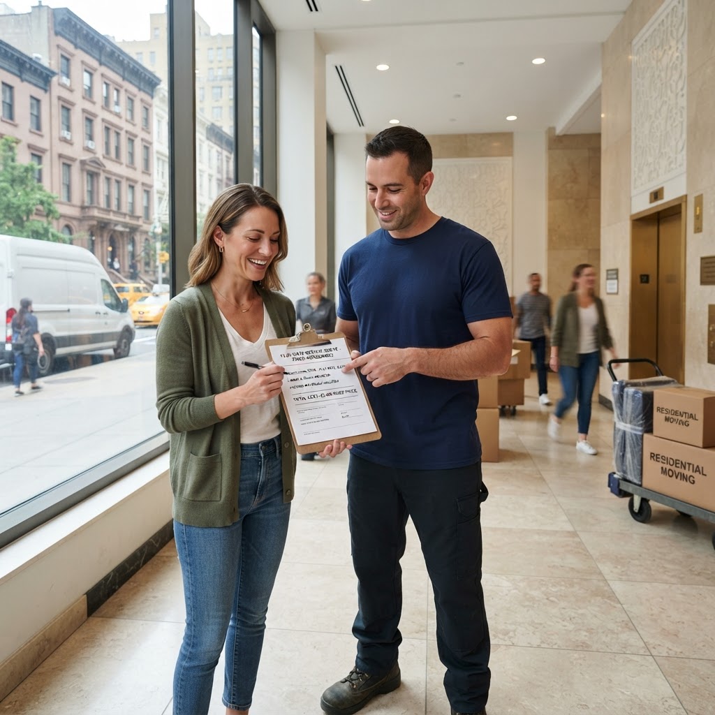 Flat-rate moving truck parked outside NYC apartment building