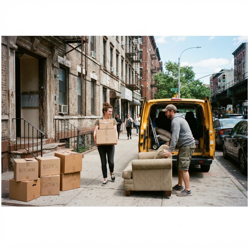 Affordable NYC movers carrying boxes and furniture