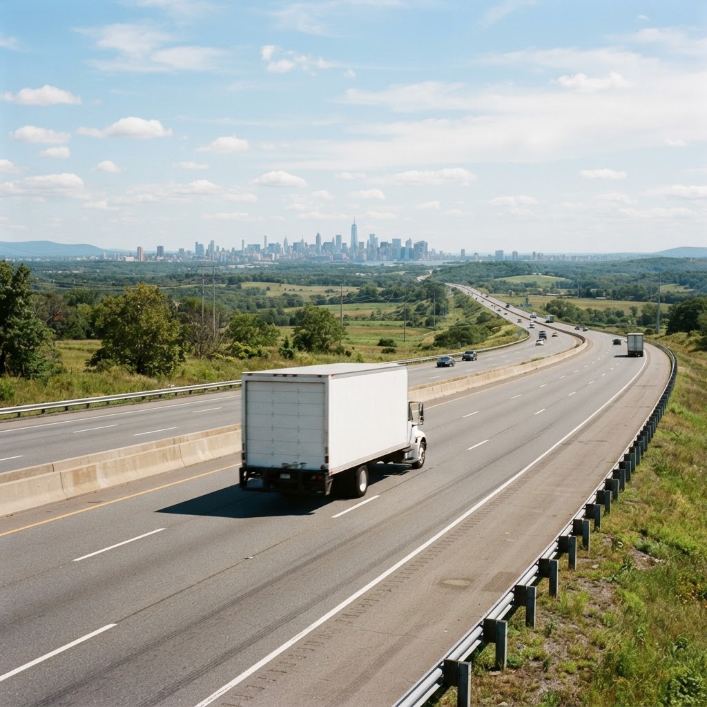 Long-distance moving truck on highway leaving New York City