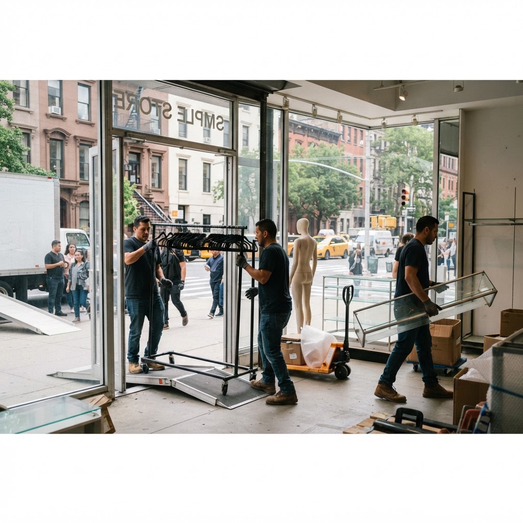 Commercial movers relocating retail store inventory and equipment in NYC