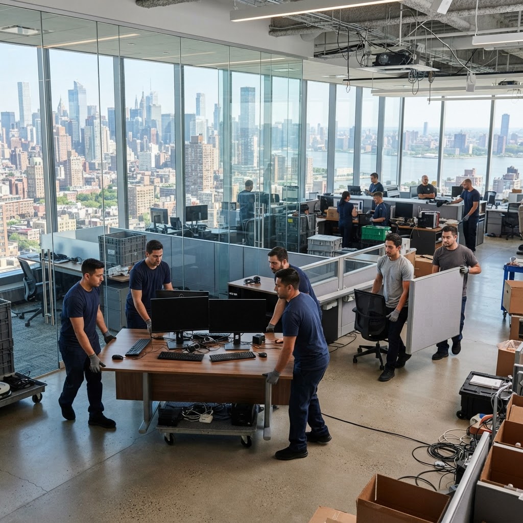 Office movers relocating desks and office equipment in NYC