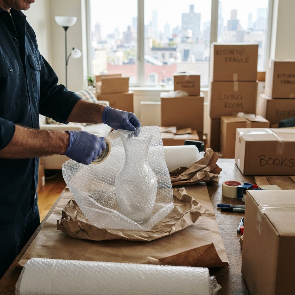 Professional packers wrapping furniture with moving blankets in NYC