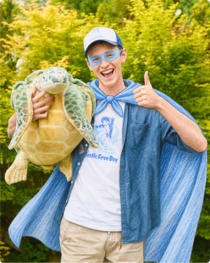 Plastic Free Boy with a sea turtle