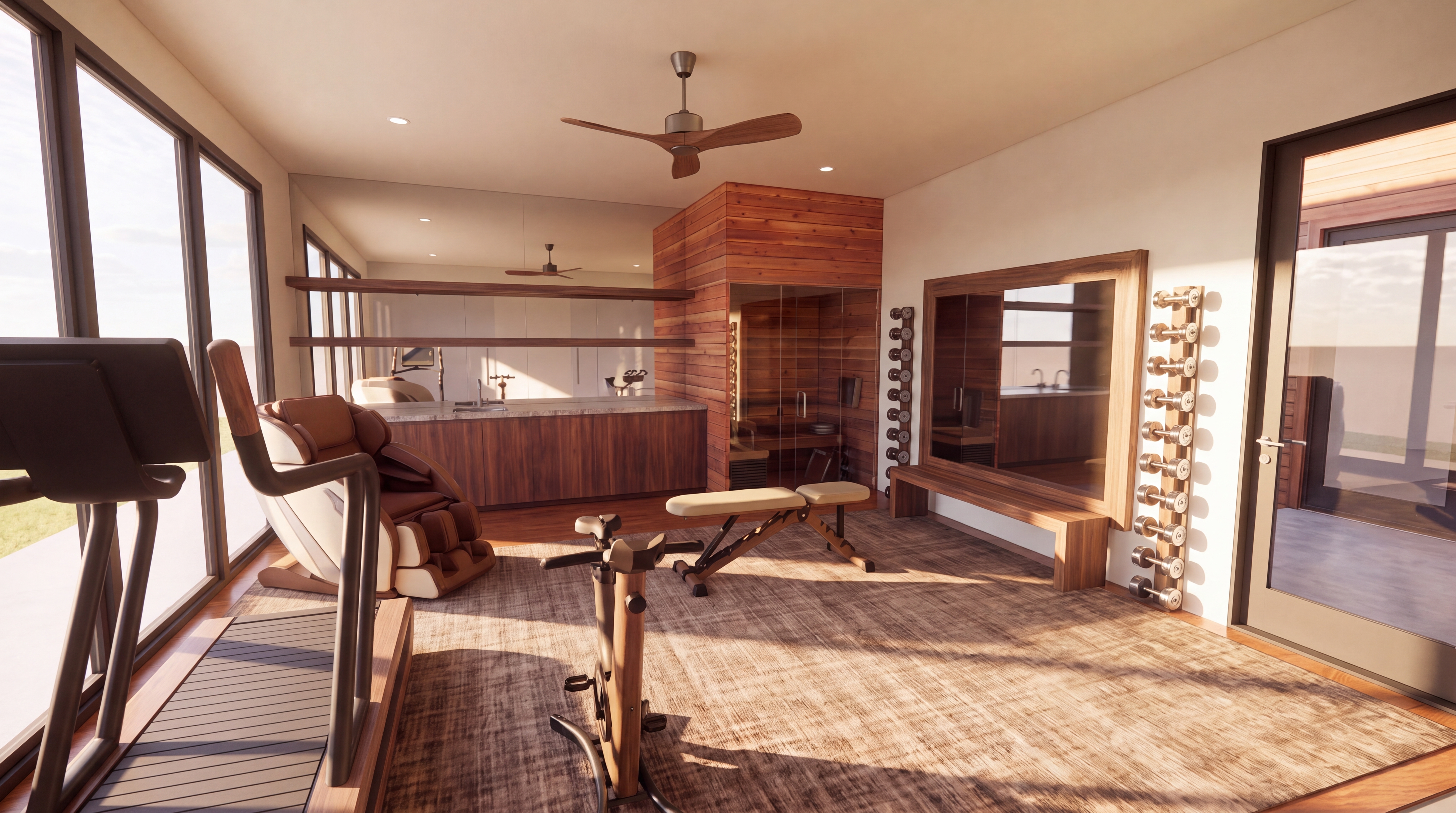 Interior view of The Pavillion gym in Westlake showing NOHrD Citius treadmill, NOHrD Bike V2, OHCO M.8 NEO massage chair, PENT bench and Paragon Diabolo dumbbell racks beside a wood-framed bronze mirror