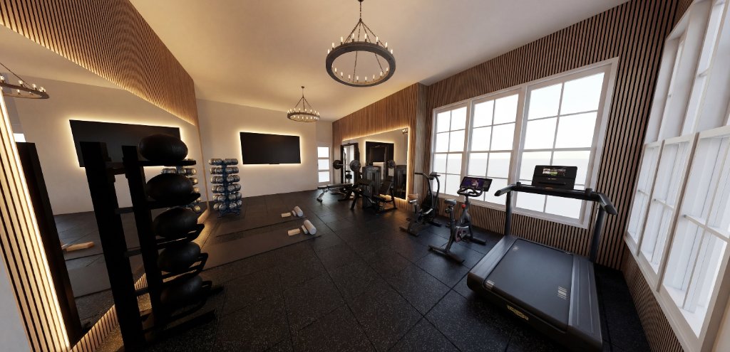 Media room makeover gym showing medicine ball rack, dumbbell rack, LED-backlit mirror, treadmill and chandelier lighting