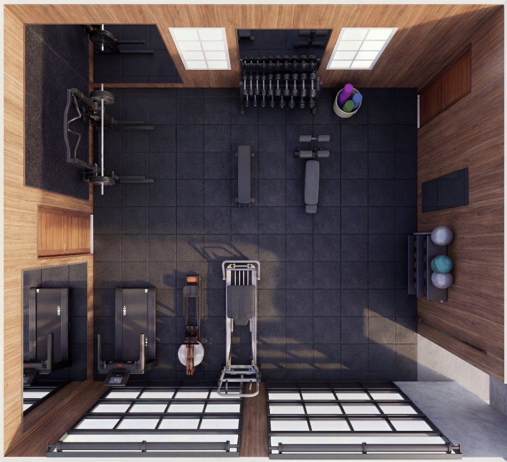 Overhead floor plan render of West Texas Sweat home gym with performance tile flooring, dumbbell rack, cardio equipment and walnut wood slat walls