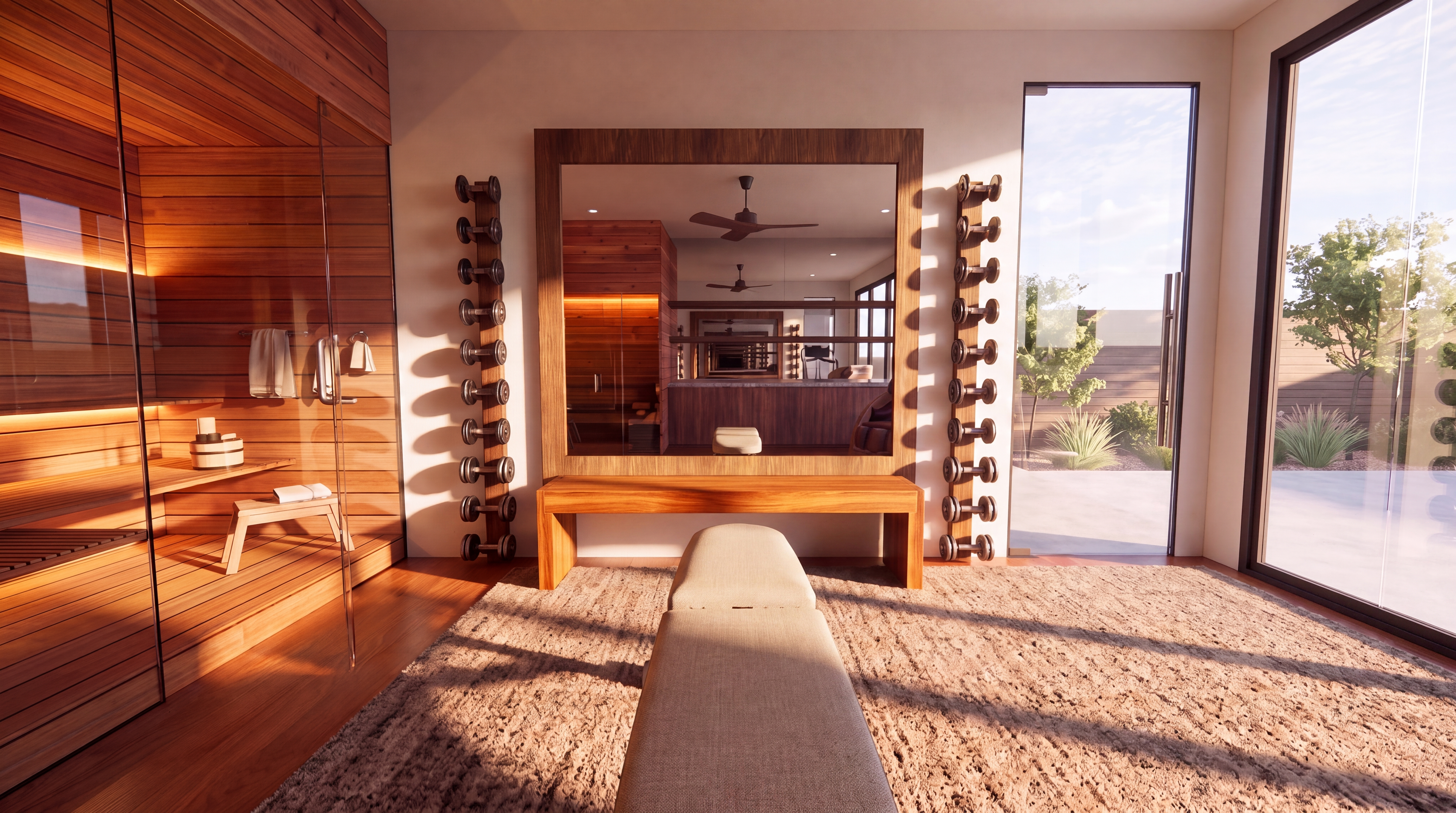 The Pavillion gym in Westlake showing the cedar Sunlighten infrared sauna, wood-framed bronze mirror with Paragon Diabolo dumbbell racks, and a view to the outdoor pool