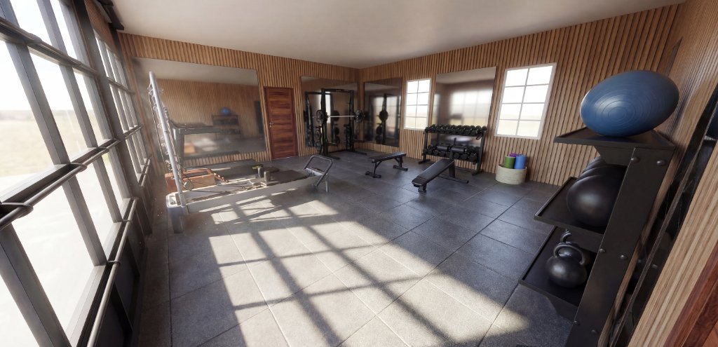 Wide-angle interior view of West Texas Sweat gym showing large steel-frame windows, Pilates reformer, rowing machine, treadmill and walnut wood slat accent walls