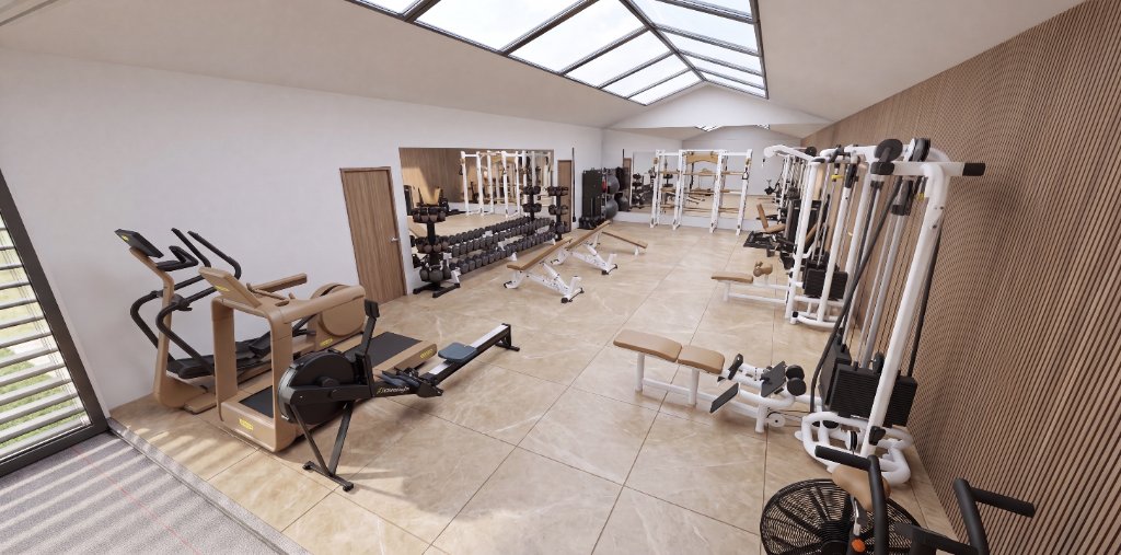Casa Fuerte — custom luxury home gym with vaulted skylights, custom white equipment and wood slat walls, Dallas