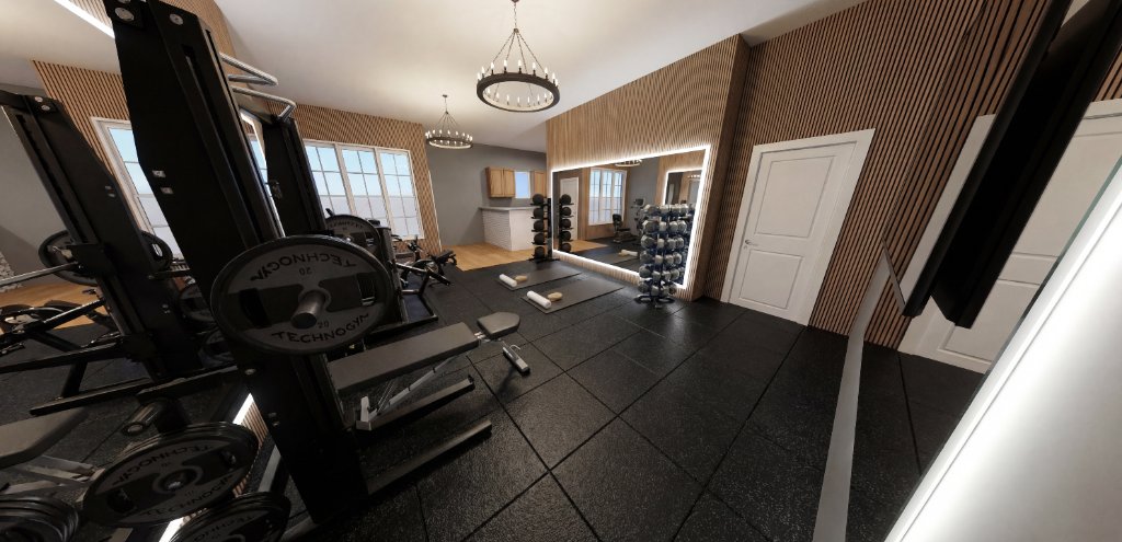 Technogym plate-loaded strength station and bench in Highland Park media room gym with walnut slat walls and chandelier