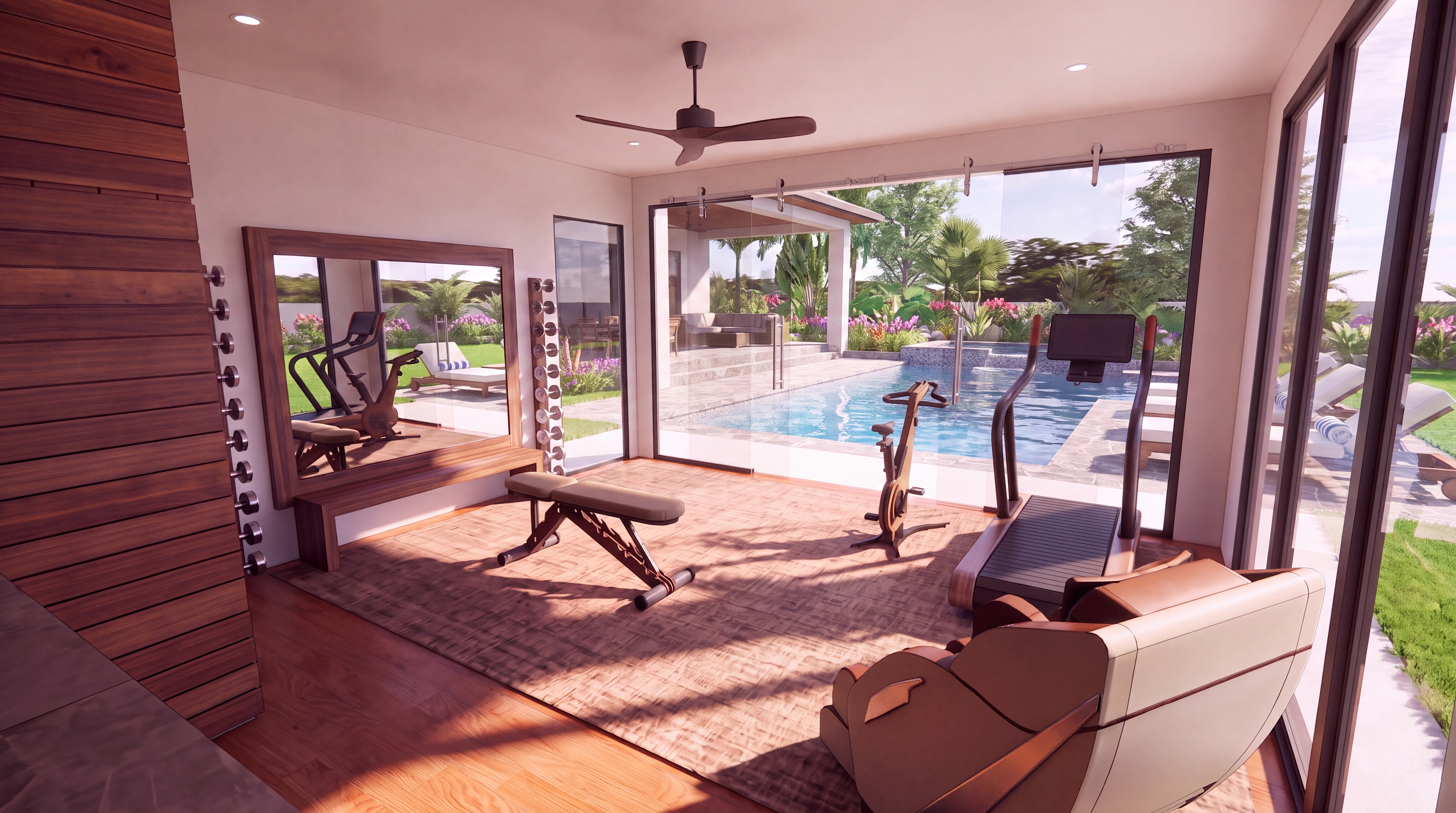 Wide-angle view of The Pavillion luxury home gym looking out through sliding glass doors to a backyard pool, with walnut equipment, dumbbell racks, adjustable bench and massage chair