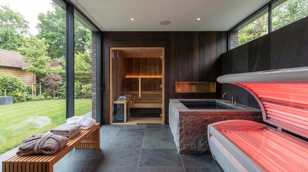 Luxury wellness and recovery suite with infrared sauna and relaxation area adjacent to a private home gym