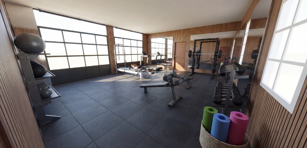 West Texas Sweat gym strength zone with squat rack, barbell, bench, dumbbell rack, medicine balls and performance tile flooring